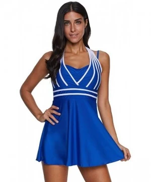 Board Shorts Womens Halter Swimdress Plus Size Two Piece Swimsuit Push Up Tankini Set - Blue - C2194UG2QAM