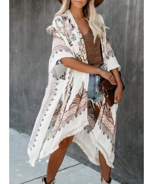 Cover-Ups Women Printed Kimono Beach Cover Up Loose Cardigan Top - H-white - CT195WQC9LS