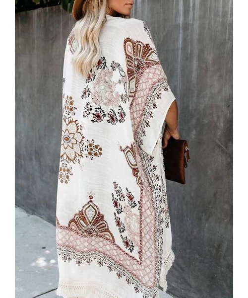 Cover-Ups Women Printed Kimono Beach Cover Up Loose Cardigan Top - H-white - CT195WQC9LS