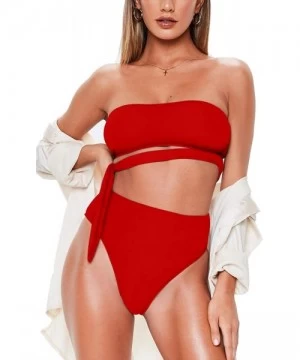 Sets Women's Bandeau Tie Side High Waist Bikini Sets Two Piece Swimsuits - Red - CT18QIRA423