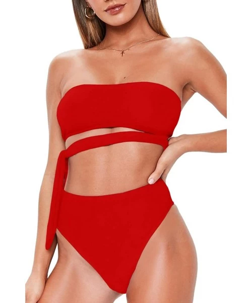 Sets Women's Bandeau Tie Side High Waist Bikini Sets Two Piece Swimsuits - Red - CT18QIRA423