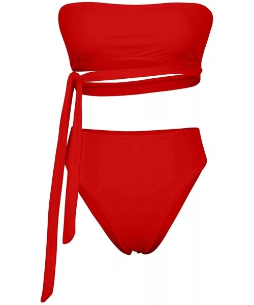 Sets Women's Bandeau Tie Side High Waist Bikini Sets Two Piece Swimsuits - Red - CT18QIRA423