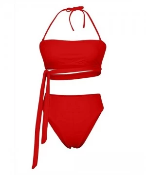 Sets Women's Bandeau Tie Side High Waist Bikini Sets Two Piece Swimsuits - Red - CT18QIRA423