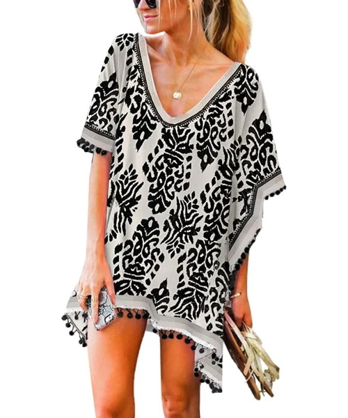 Cover-Ups Women Printed V Neck Pom Pom Tassel Cover Up Beach Dress - Black - CN193TM86QR