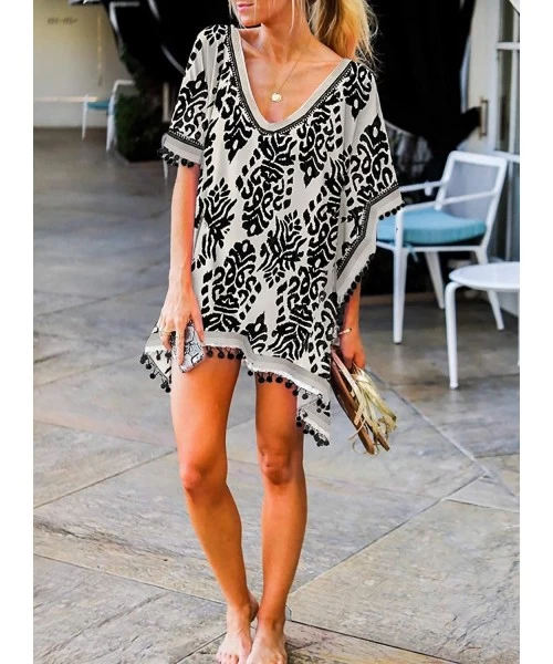 Cover-Ups Women Printed V Neck Pom Pom Tassel Cover Up Beach Dress - Black - CN193TM86QR