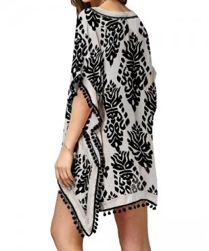 Cover-Ups Women Printed V Neck Pom Pom Tassel Cover Up Beach Dress - Black - CN193TM86QR