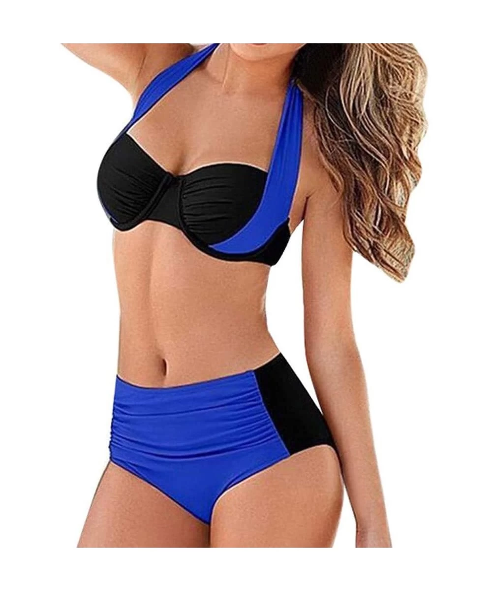 Sets Women Padded Push up Bikini Set Halter Two Piece Cross Top Swimsuit Patchwork Bathing Suit Monokini - Blue - CS18S3E2LQQ