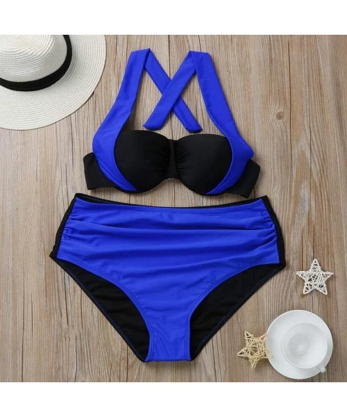 Sets Women Padded Push up Bikini Set Halter Two Piece Cross Top Swimsuit Patchwork Bathing Suit Monokini - Blue - CS18S3E2LQQ