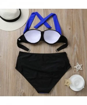 Sets Women Padded Push up Bikini Set Halter Two Piece Cross Top Swimsuit Patchwork Bathing Suit Monokini - Blue - CS18S3E2LQQ