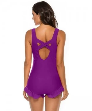 One-Pieces Women Sexy Plunge Monokini Tummy Control One Piece Swimsuit V Neck Ruffle Bathing Suits - Purple - CA194L4U8DX