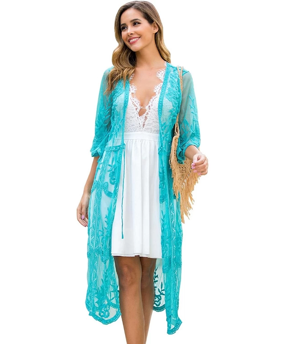 Cover-Ups Women's Self-Tie Floral Lace Beachwear Bikini Cover Ups Cardigan Kimono - Turquoise - C219DW97AGL