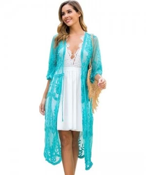 Cover-Ups Women's Self-Tie Floral Lace Beachwear Bikini Cover Ups Cardigan Kimono - Turquoise - C219DW97AGL