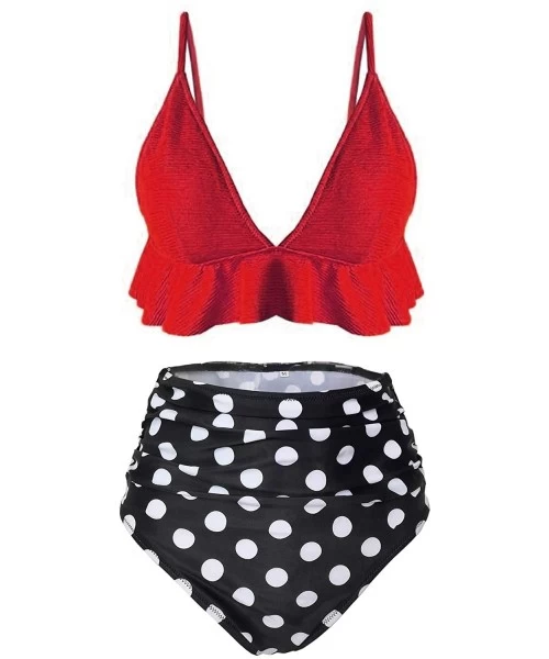 Sets Womens High Waisted Swimsuit Ruffle Print Bikini Swimwear Two Pieces Bathing Suit - Red - C918HKESU54