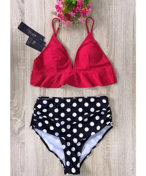 Sets Womens High Waisted Swimsuit Ruffle Print Bikini Swimwear Two Pieces Bathing Suit - Red - C918HKESU54