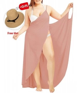 Cover-Ups Women Plus Size Beach Dress Spaghetti Strap Backless V Neck Bikini Cover up Hat - Coral - CK18DUIGAYU