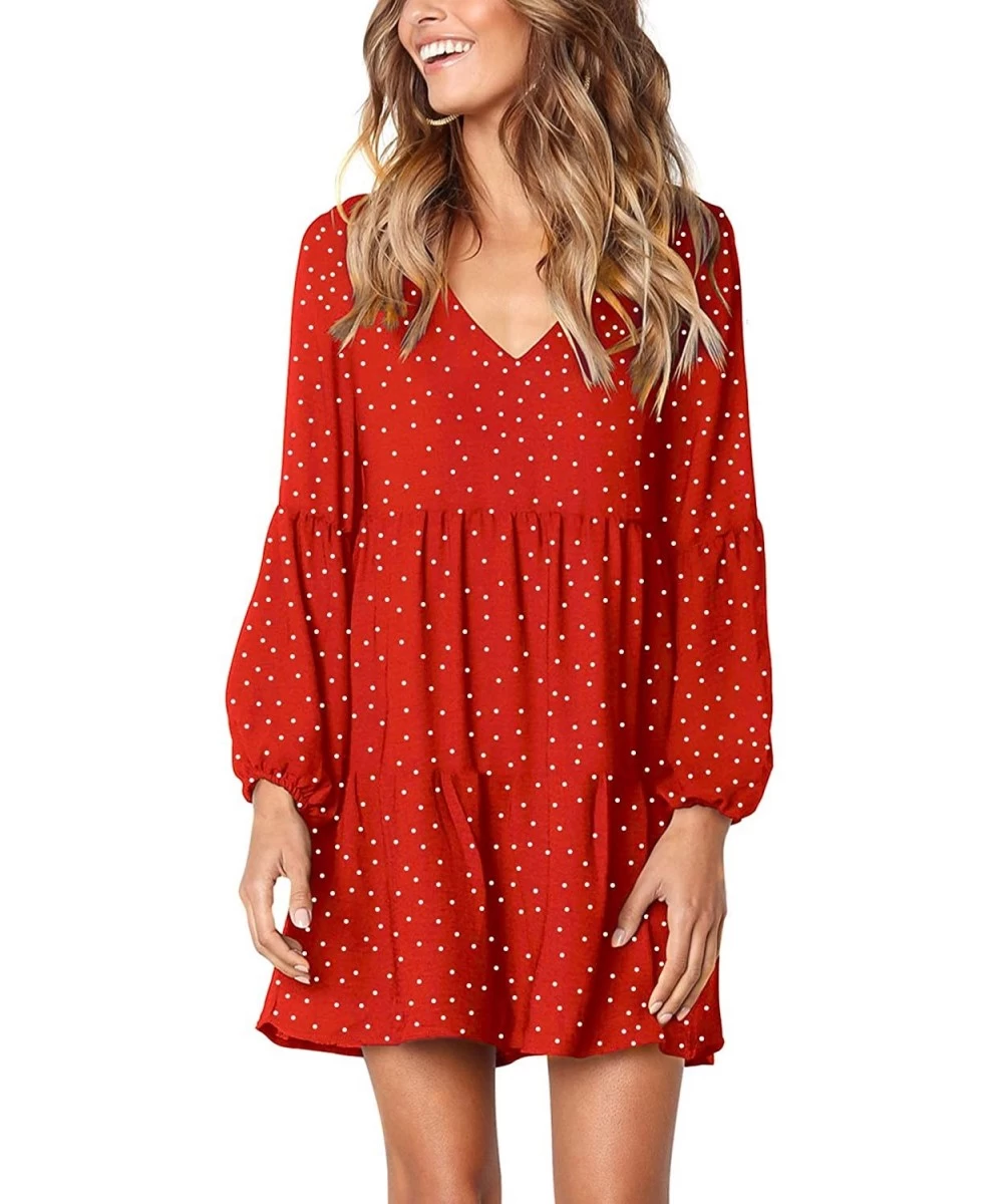 Cover-Ups Women's Long Sleeve Tunic Dress V Neck Casual Loose Fall Flowy Swing Shift Dresses - Red Polka Dot - CY1922LH0ZK