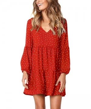 Cover-Ups Women's Long Sleeve Tunic Dress V Neck Casual Loose Fall Flowy Swing Shift Dresses - Red Polka Dot - CY1922LH0ZK