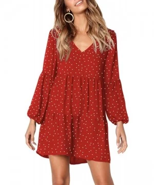 Cover-Ups Women's Long Sleeve Tunic Dress V Neck Casual Loose Fall Flowy Swing Shift Dresses - Red Polka Dot - CY1922LH0ZK