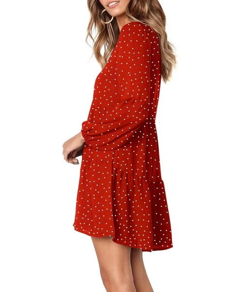 Cover-Ups Women's Long Sleeve Tunic Dress V Neck Casual Loose Fall Flowy Swing Shift Dresses - Red Polka Dot - CY1922LH0ZK