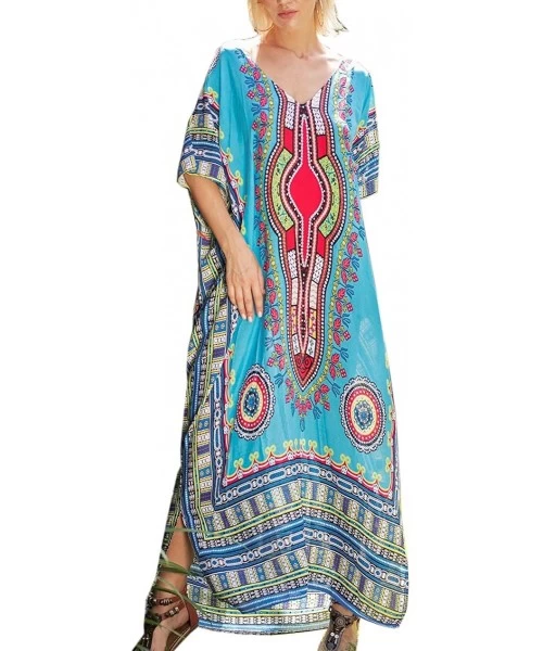 Cover-Ups Women's Tribal Ethnic Print Turkish Long Maxi Kaftans Dress Cover up - Blue - C518EZSIXCU