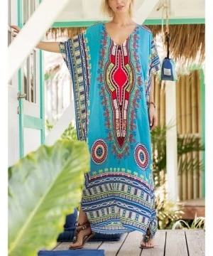 Cover-Ups Women's Tribal Ethnic Print Turkish Long Maxi Kaftans Dress Cover up - Blue - C518EZSIXCU