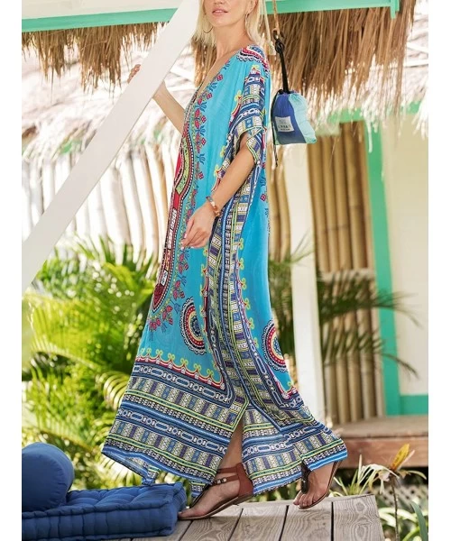 Cover-Ups Women's Tribal Ethnic Print Turkish Long Maxi Kaftans Dress Cover up - Blue - C518EZSIXCU