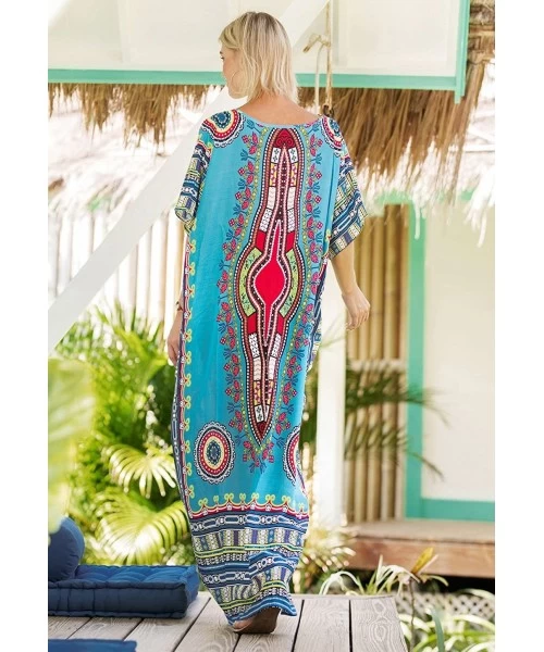 Cover-Ups Women's Tribal Ethnic Print Turkish Long Maxi Kaftans Dress Cover up - Blue - C518EZSIXCU