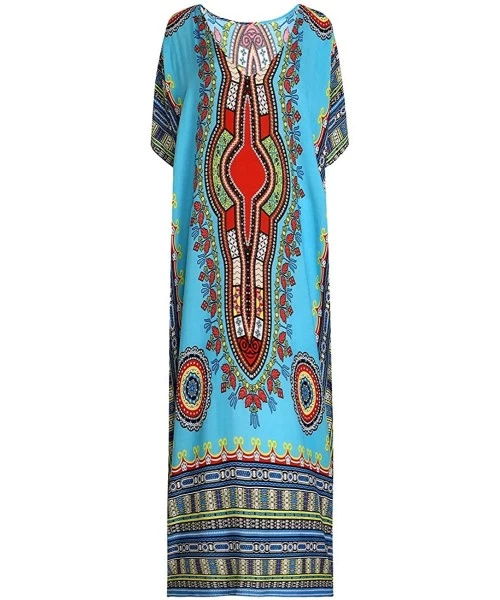 Cover-Ups Women's Tribal Ethnic Print Turkish Long Maxi Kaftans Dress Cover up - Blue - C518EZSIXCU