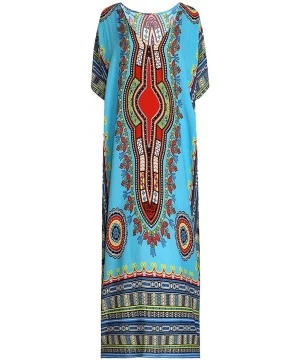 Cover-Ups Women's Tribal Ethnic Print Turkish Long Maxi Kaftans Dress Cover up - Blue - C518EZSIXCU