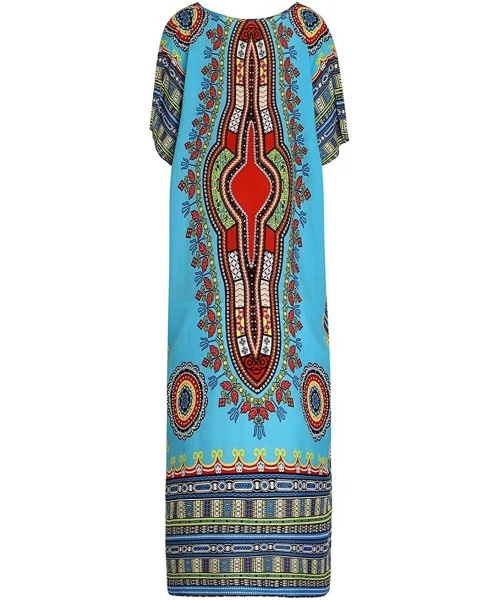 Cover-Ups Women's Tribal Ethnic Print Turkish Long Maxi Kaftans Dress Cover up - Blue - C518EZSIXCU