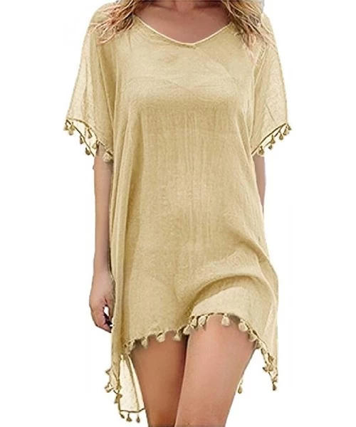 Cover-Ups Women's Swimsuits Beach Dress Mini Fringed Kaftan Chiffon Top Coverups - Beige - C3190K09YDM