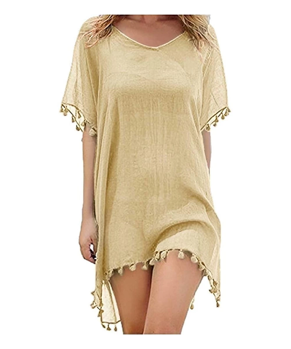 Cover-Ups Women's Swimsuits Beach Dress Mini Fringed Kaftan Chiffon Top Coverups - Beige - C3190K09YDM