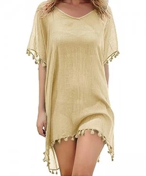 Cover-Ups Women's Swimsuits Beach Dress Mini Fringed Kaftan Chiffon Top Coverups - Beige - C3190K09YDM