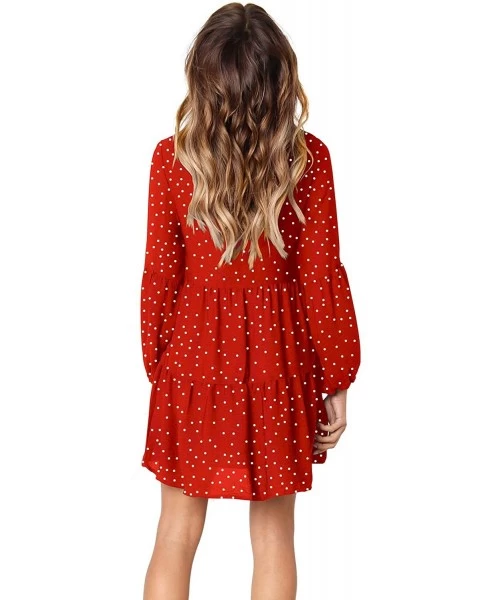 Cover-Ups Women's Long Sleeve Tunic Dress V Neck Casual Loose Fall Flowy Swing Shift Dresses - Red Polka Dot - CY1922LH0ZK