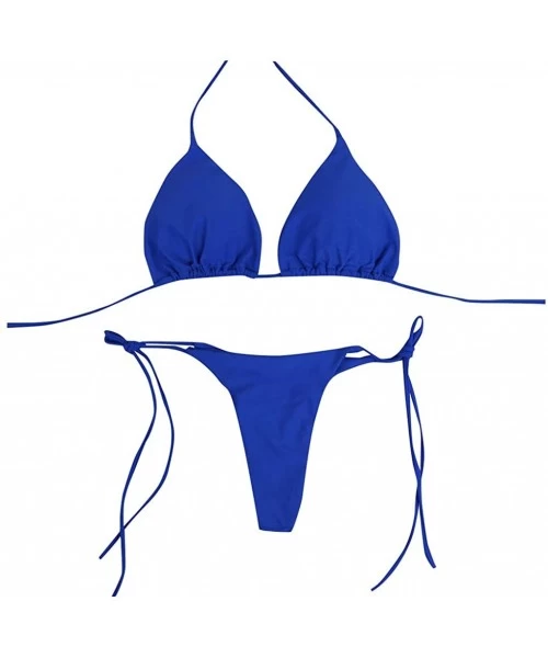 Sets Micro Bikini for Women Sexy Halter Thong Bikini Drawstring Bottom Triangle Bikini Swimsuits for Hot Girls - Blue - CY190...