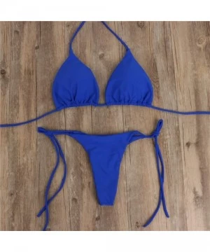 Sets Micro Bikini for Women Sexy Halter Thong Bikini Drawstring Bottom Triangle Bikini Swimsuits for Hot Girls - Blue - CY190...