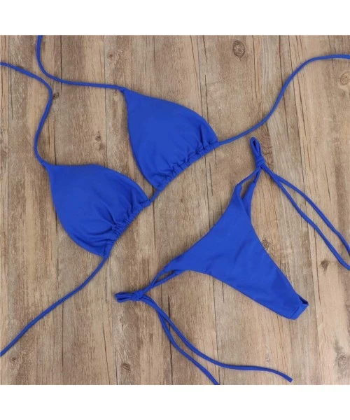 Sets Micro Bikini for Women Sexy Halter Thong Bikini Drawstring Bottom Triangle Bikini Swimsuits for Hot Girls - Blue - CY190...