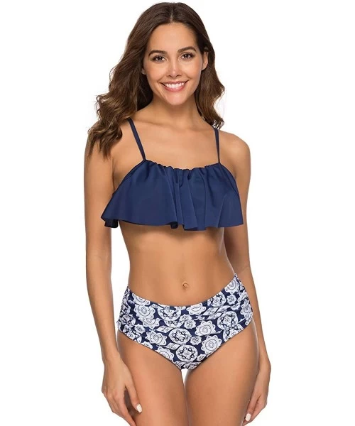 Sets Women Two Pieces Bathing Suits Ruffled Racerback High Waisted Bikini Set - Navy Blue Floral - CA18R3NU6SE