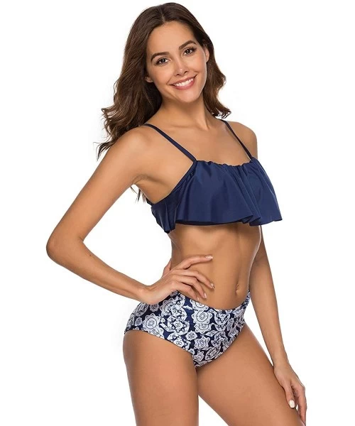 Sets Women Two Pieces Bathing Suits Ruffled Racerback High Waisted Bikini Set - Navy Blue Floral - CA18R3NU6SE