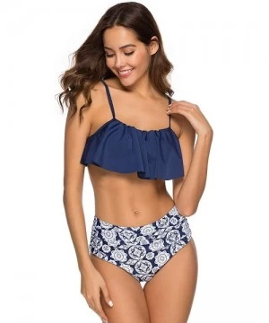 Sets Women Two Pieces Bathing Suits Ruffled Racerback High Waisted Bikini Set - Navy Blue Floral - CA18R3NU6SE