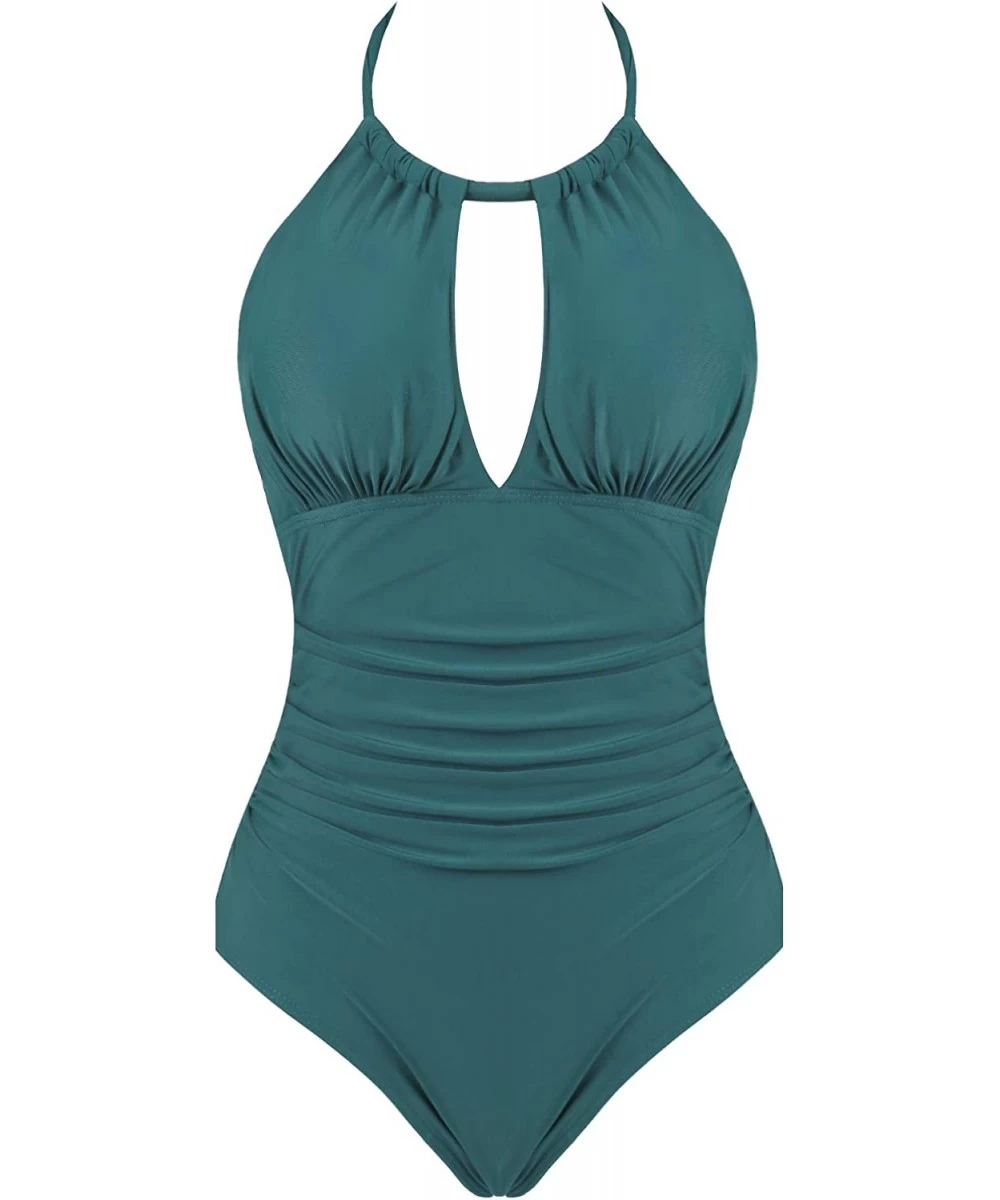 One-Pieces Womens Front Ruched One Piece Swimsuit Tummy Control Slimming Bathing Suit - Green - CS18ED9LZ0S