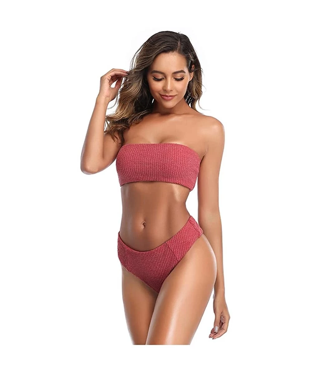 Sets Women Sexy Tube Top Swimwear Solid High Waist Bikini Set Two Piece Swimsuit - Hot Pink - CP196QZGA8D