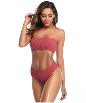 Sets Women Sexy Tube Top Swimwear Solid High Waist Bikini Set Two Piece Swimsuit - Hot Pink - CP196QZGA8D