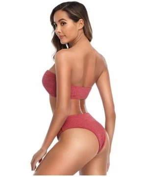 Sets Women Sexy Tube Top Swimwear Solid High Waist Bikini Set Two Piece Swimsuit - Hot Pink - CP196QZGA8D