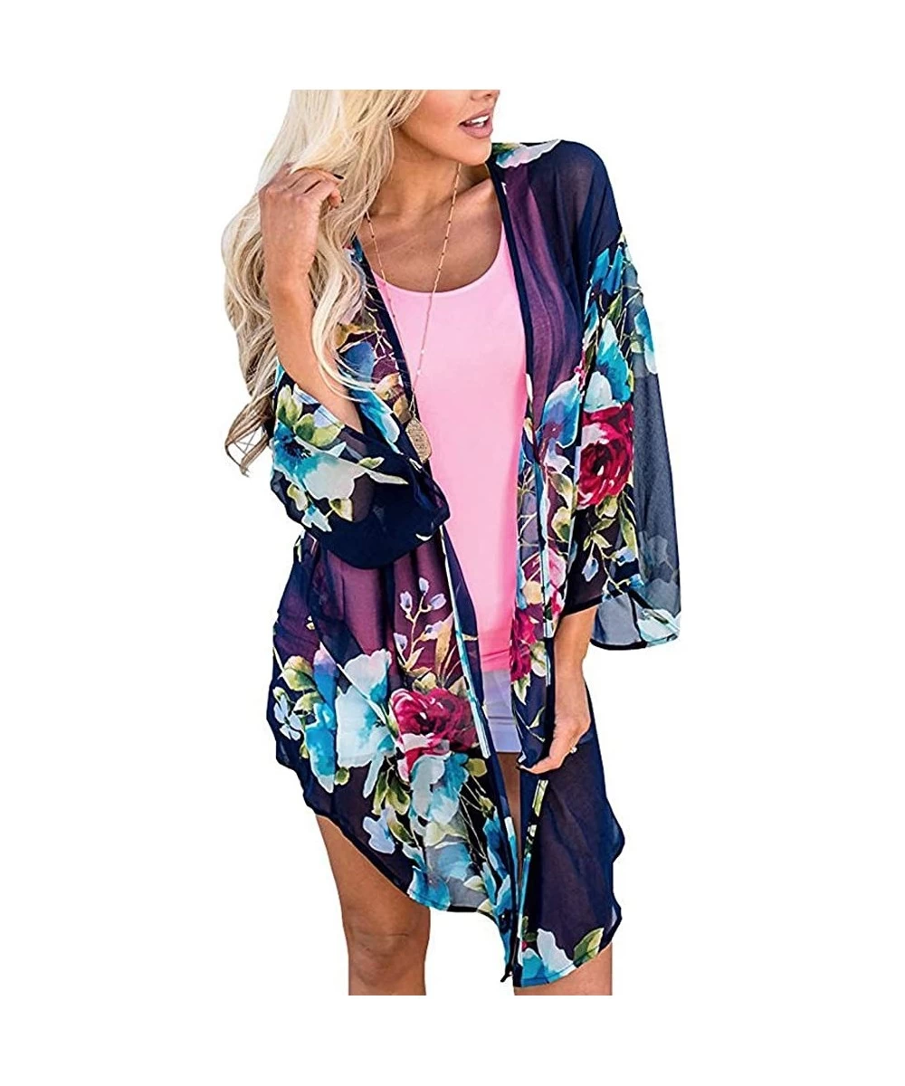 Cover-Ups Women Chiffon Printed Cardigan Kimono Robe Tops Beach Bikini Cover up Blouse - 003-deep Blue - CL18QZXK9ND