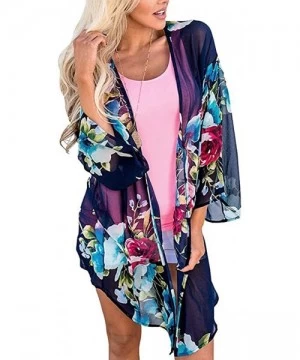 Cover-Ups Women Chiffon Printed Cardigan Kimono Robe Tops Beach Bikini Cover up Blouse - 003-deep Blue - CL18QZXK9ND