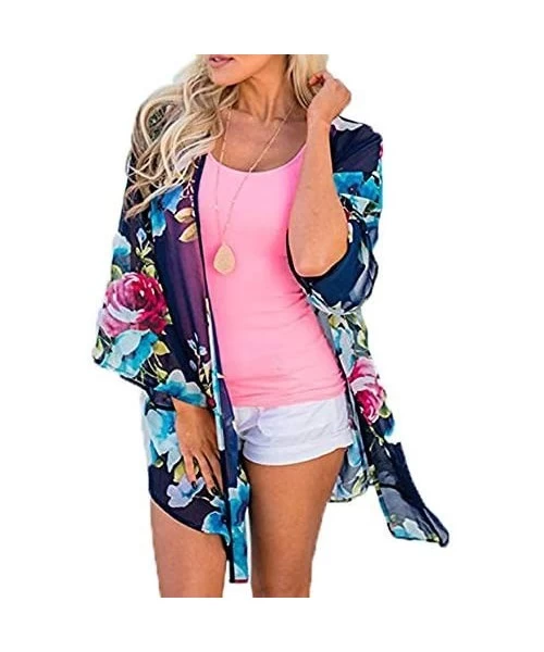 Cover-Ups Women Chiffon Printed Cardigan Kimono Robe Tops Beach Bikini Cover up Blouse - 003-deep Blue - CL18QZXK9ND