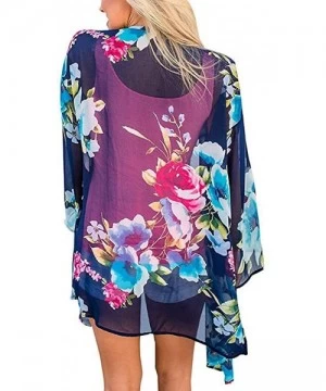 Cover-Ups Women Chiffon Printed Cardigan Kimono Robe Tops Beach Bikini Cover up Blouse - 003-deep Blue - CL18QZXK9ND