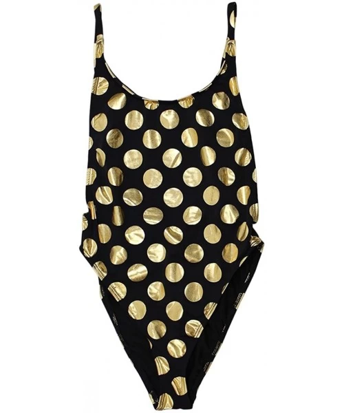 One-Pieces Women's High Cut Vintage Swimsuit - Thin Strap - Black Gold Polka Dot - CE18CY8T6X0