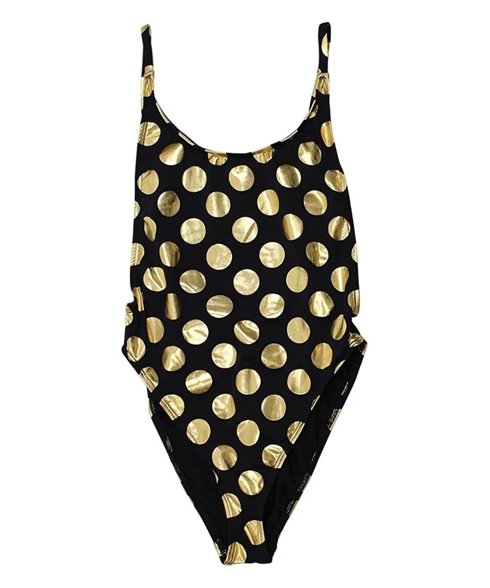 One-Pieces Women's High Cut Vintage Swimsuit - Thin Strap - Black Gold Polka Dot - CE18CY8T6X0